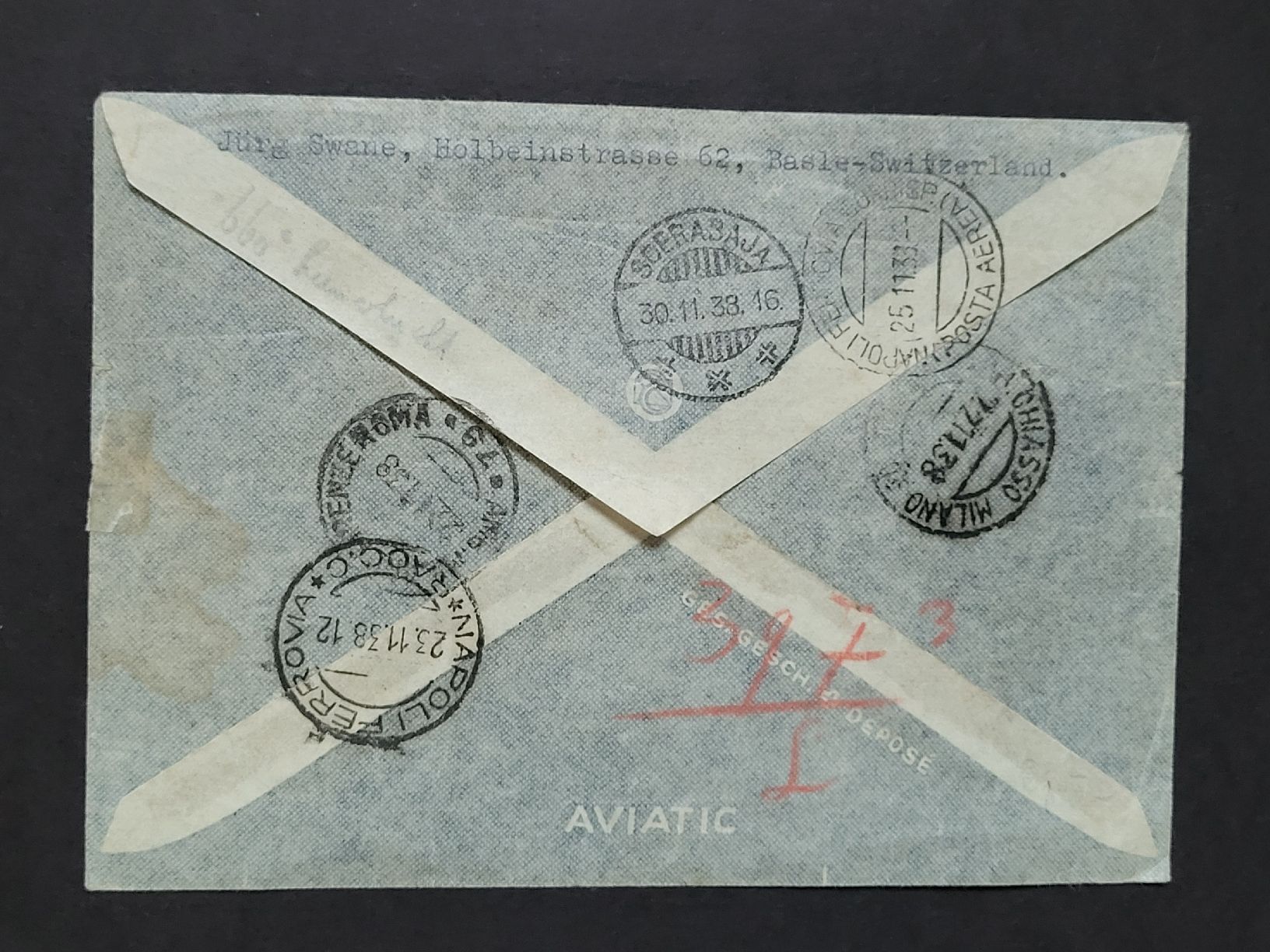 Tutti i francobolli: 1938, Luftpost - Einschreibebrief KLM nach Sourabaya Java – Usato da stäfa venduto da brandy66 1