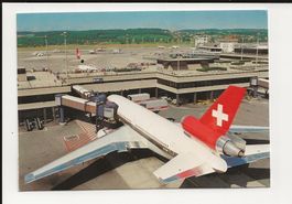 AK ca.1990 Zürich Flughafen , Swissair DC10 , SBB Karte 🤓