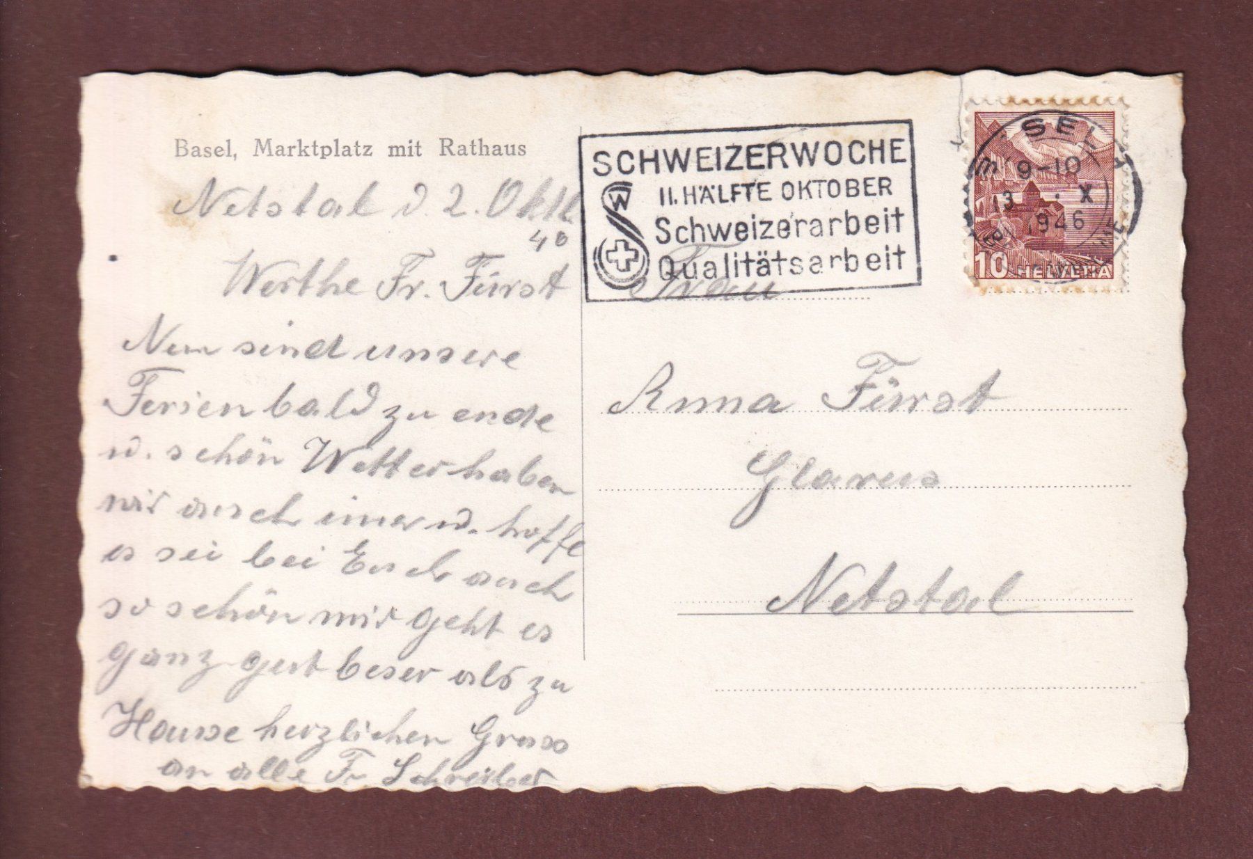 Cartoline postali: BASEL - Rathaus - Marktplatz - 1946 – Usato da Pully venduto da nicecards-shop 1