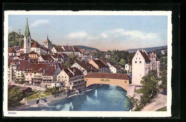 Cartoline postali: Baden, Ortsansicht mit Brücke und Kirch – Usato da Berlin venduto da bartko-reher