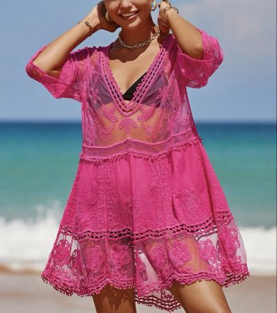 Strandkleid Tunika pink Spitze NEU Onesize