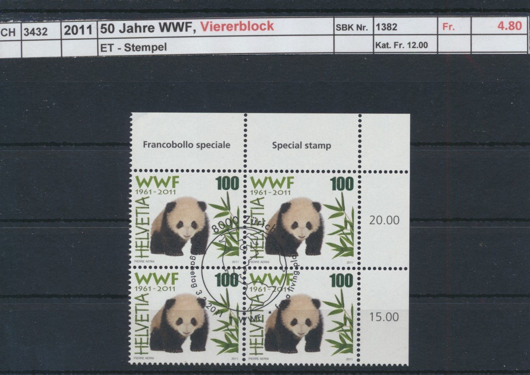 Alle Briefmarken: 2011 "50 Jahre WWF", Viererblock, ET - Stempel – Gebraucht aus Winterthur von Zupogeru