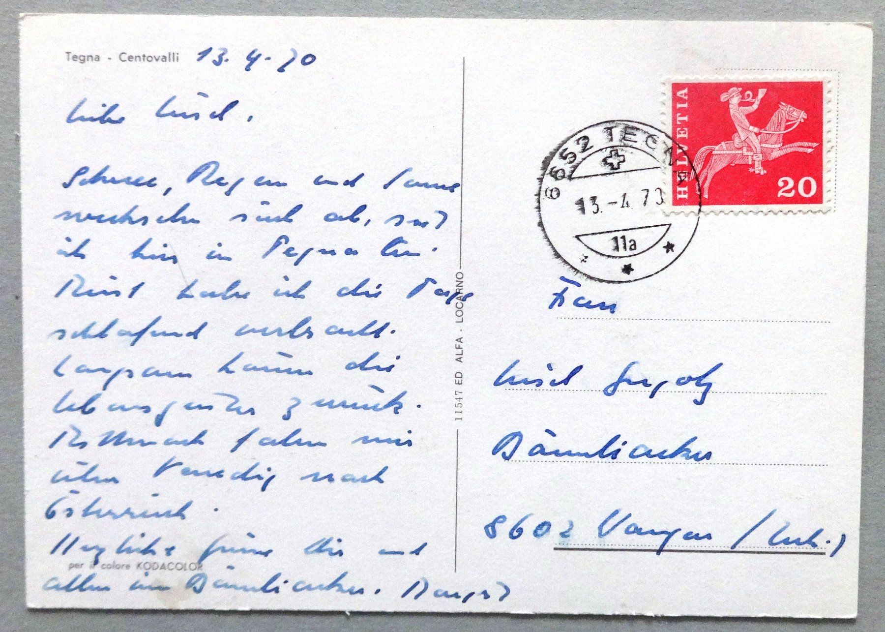 Cartoline postali: Tegna - Centovalli – Usato da Fétigny venduto da Billy2miny 1