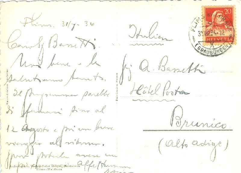 Cartoline postali: Waldhaus - Flims + 1934 – Usato da Emmenbrücke venduto da teestube 1