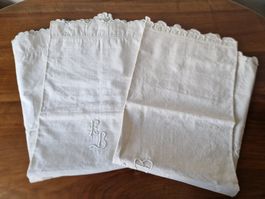 2er Set antike Leinen Kissenbezüge Weiss mit Monogramm EB
