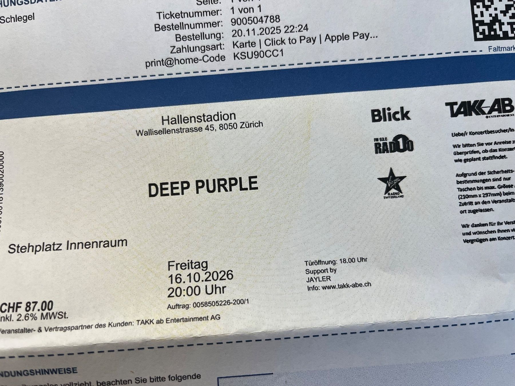Tickets: Depp Purple Hallenstadion Stehplatz – Neu und originalverpackt aus Tegerfelden von reschle