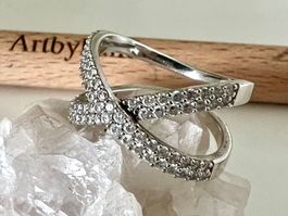 925 Silber Ring Cross-Over mit Pavé Zirkonia G 52