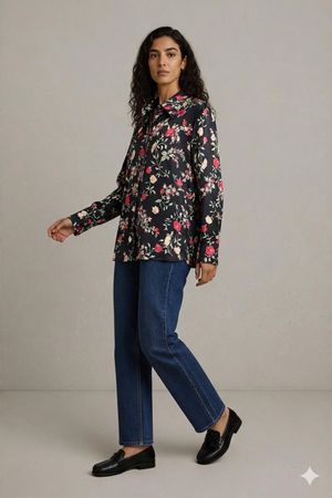TOPAKTUELL Geblümte Satin-Bluse mit Knopfleiste - Größe