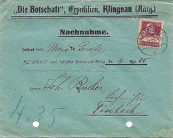 Nachnahme "Die Botschaft", Klingnau, Fisibach AG,Inserattext