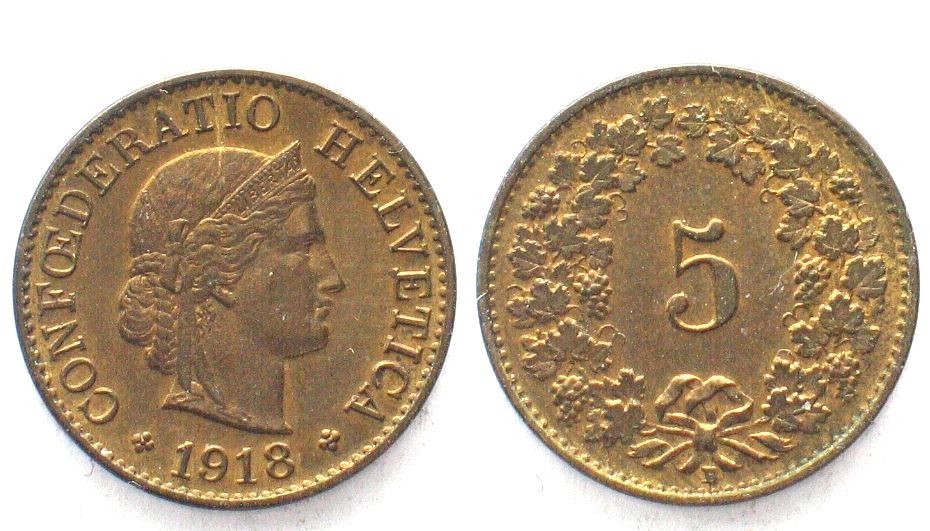 Alle Münzen: CH 5 Rappen 1918 Messing stgl FDC!!! – Gebraucht aus Riehen von sesambestcoins2004