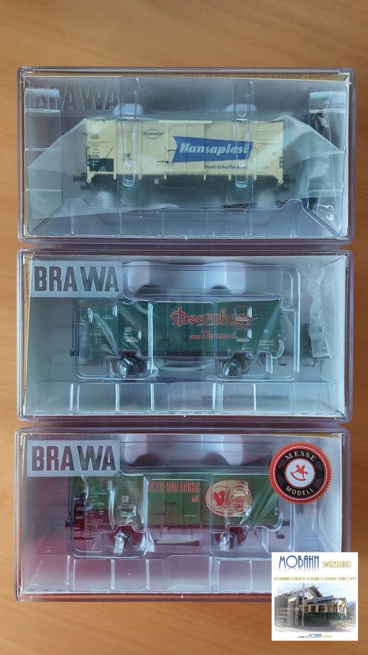 Brawa Modellini di ferrovie: BRAWA Set I - 3 verschiedene Güterwagen – Nuovo e nell'imballaggio originale da Rotkreuz venduto da MOBAHN-1zu87 1