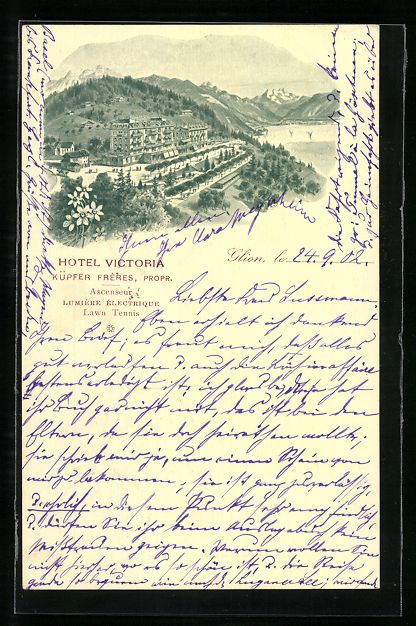 Cartoline postali: Lithographie Glion, Hotel Victoria, 1902 – Usato da Berlin venduto da bartko-reher