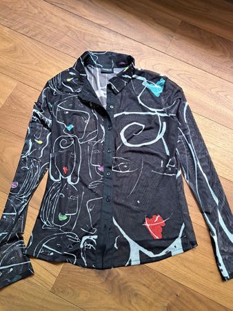 Desigual Mesh Bluse Damen Gr. S/XS Schwarz Bunt Sommer-Look 