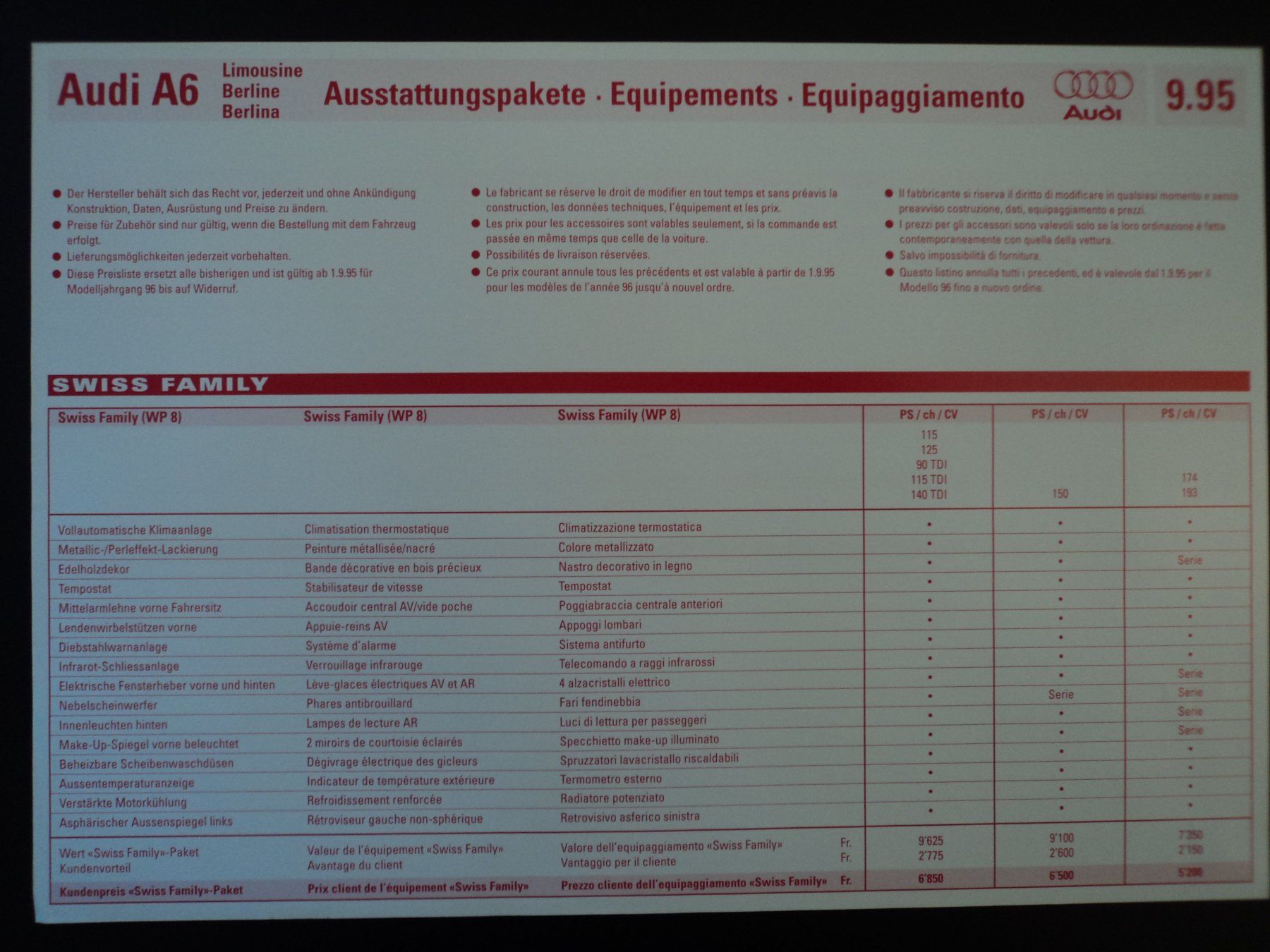 Audi Dokumente: Prospekt Preisliste Audi A6 1995 – Gebraucht aus Schwarzenburg von modelCARama 2
