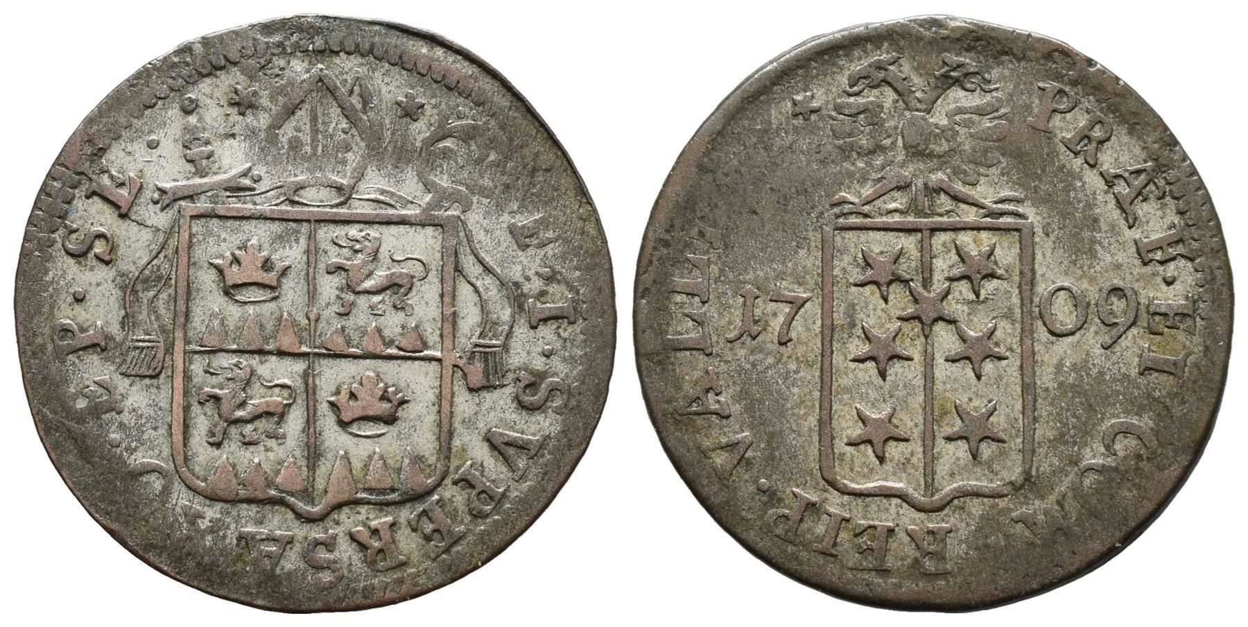 Tutti le monete: Wallis Batzen 1709 , 2-1065b  /38 – Usato da Trimbach venduto da Solothurn1