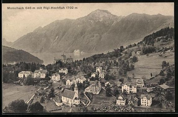 Cartoline postali: Morschach, Ortsansicht mit Rigi-Hochfluh – Usato da Berlin venduto da bartko-reher