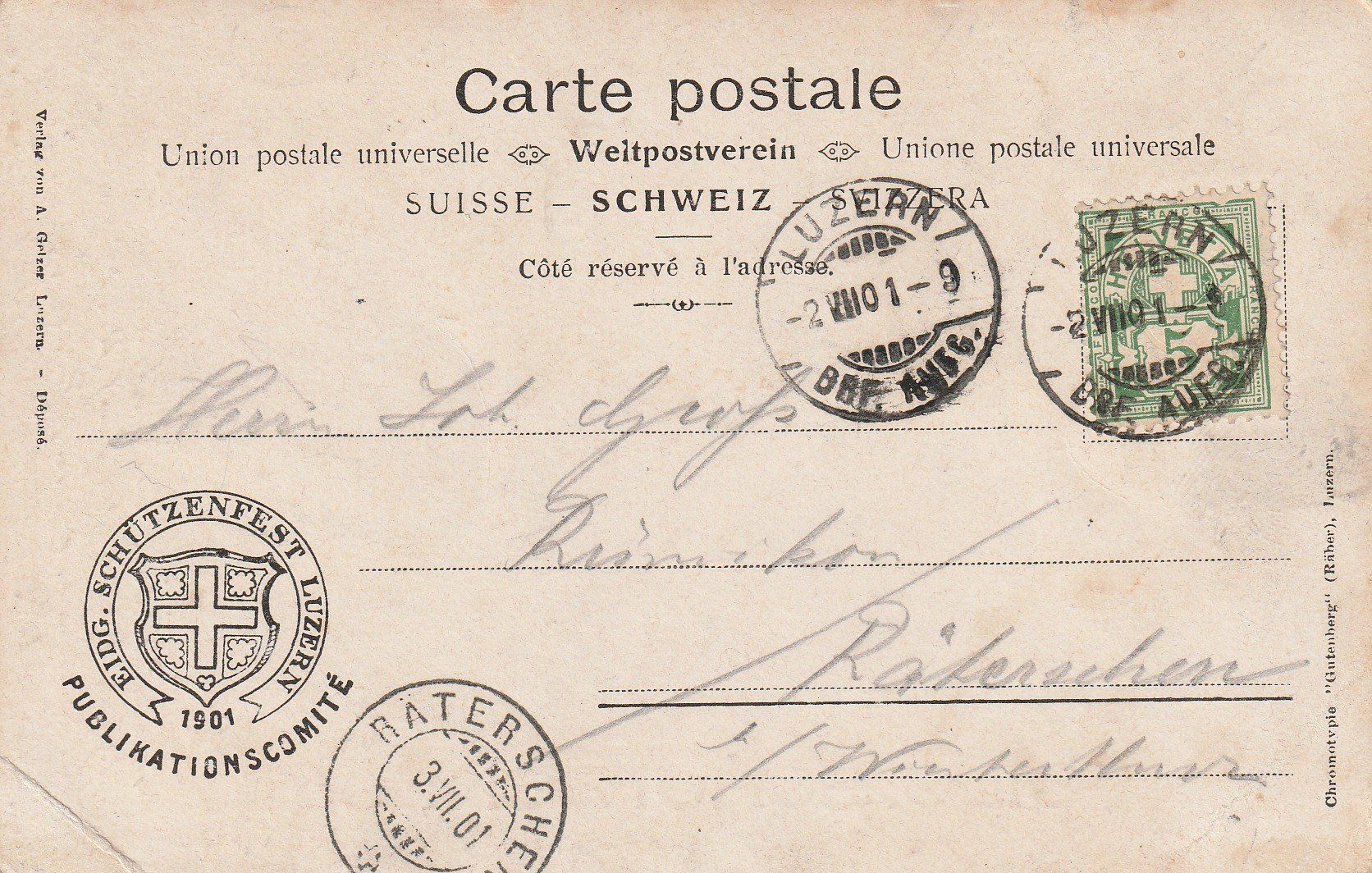 Cartoline postali: Eidg. Schützenfest Luzern 1901 – Usato da Crémines venduto da clifden92 1