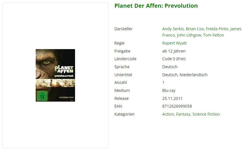 Tutti i DVDs: Planet Der Affen: Prevolution (Bluray und DVD) – Usato da Emmetten venduto da SVollenweider