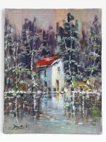 MOREILLON E. - peinture à l'huile sur toile paysage lacustre