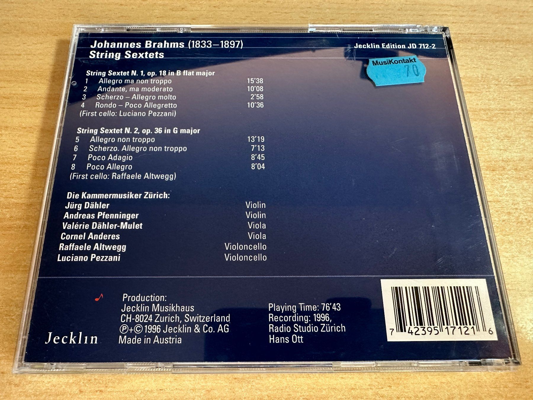 CD: U6 Brahms String Sextets 1 & 2 ZURICH CHAMBER MUSICIANS – Usato da Rikon im Tösstal venduto da Alpenmutz 1