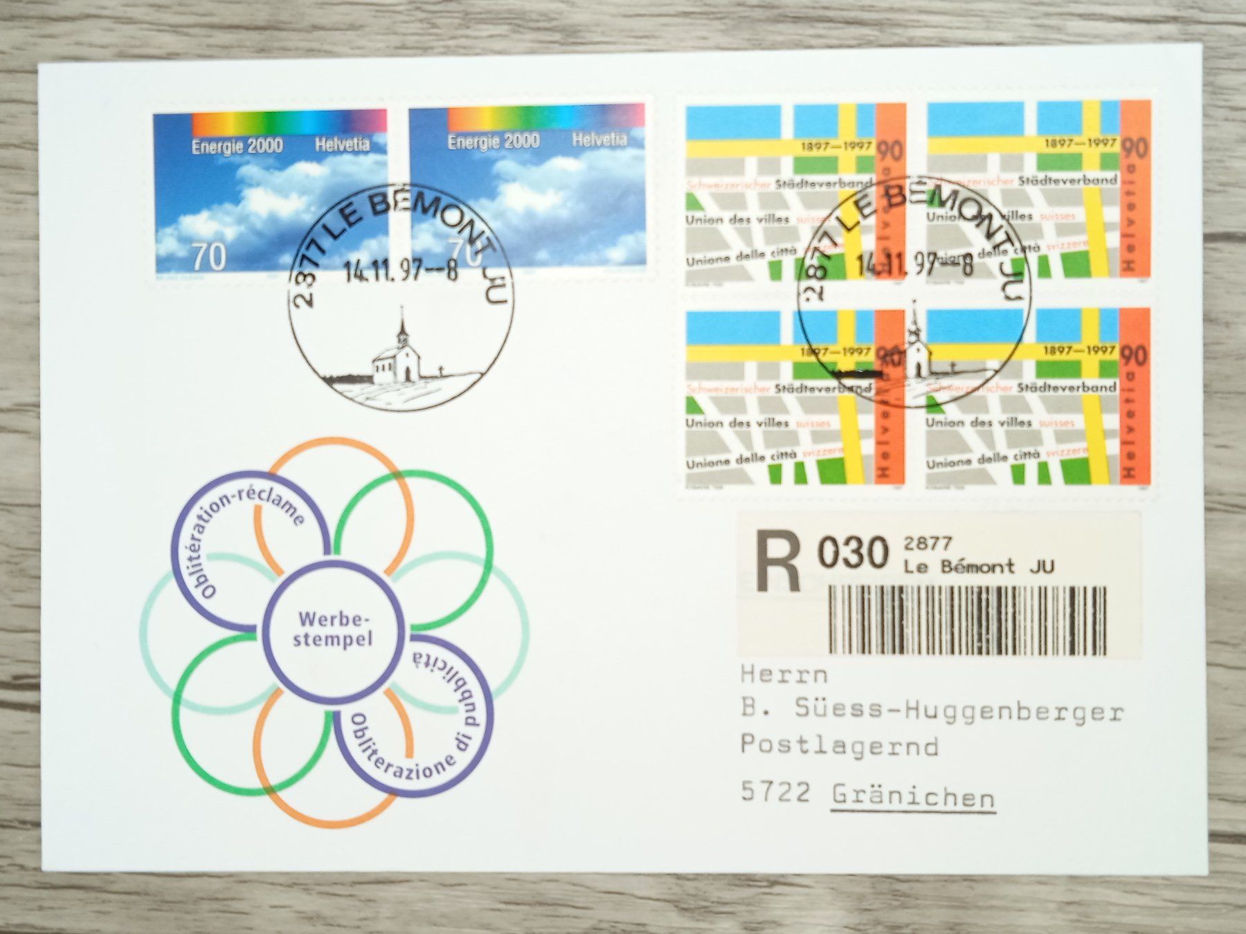 Tutti i francobolli: TR107 Enveloppe + Timbre Suisse 1997 – Usato da Cousset venduto da Patrick_Collections