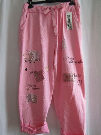 Gr. 48/56, Stretch-Hose in Rosa, aufwändig bedruckt