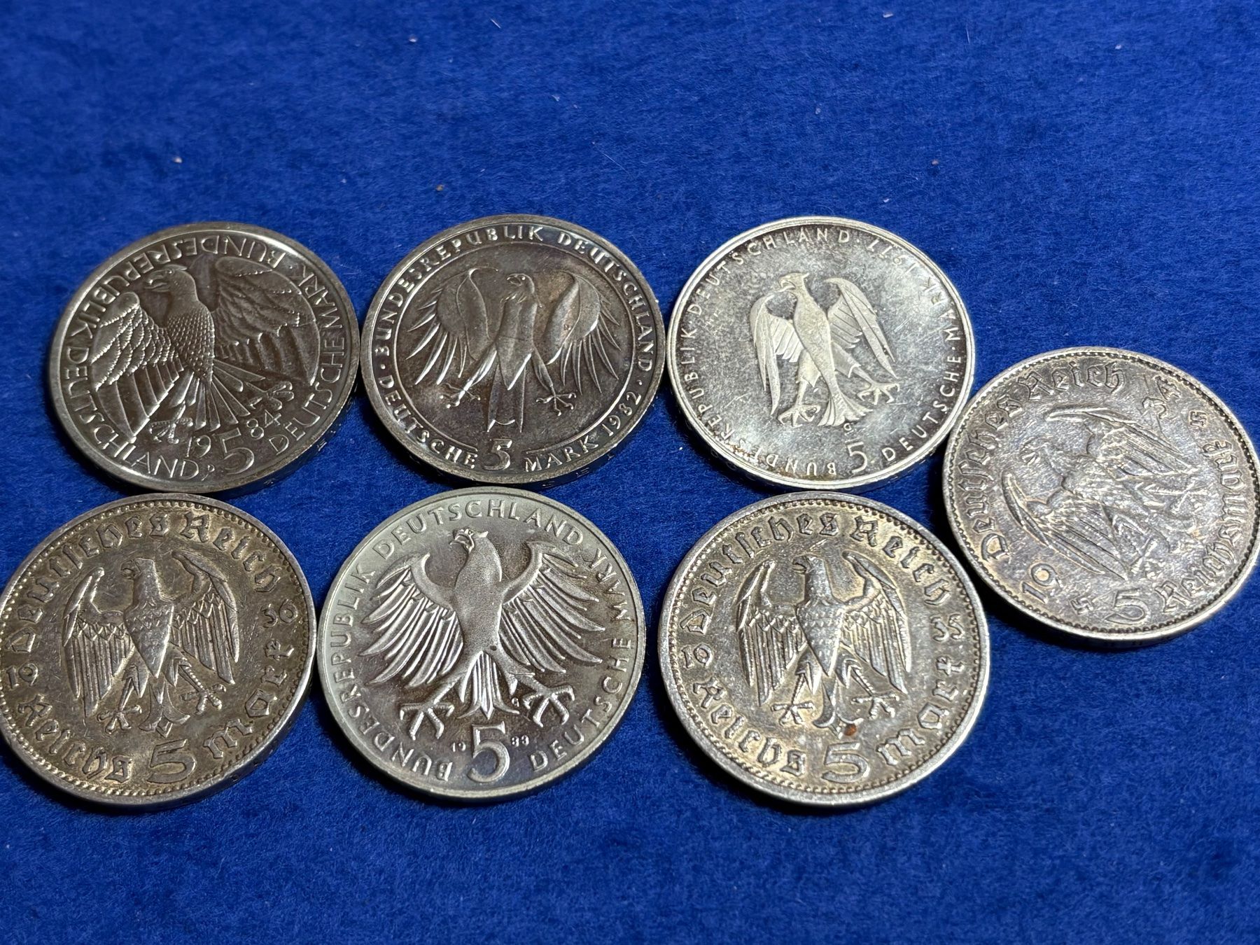 Alle Münzen: 7 x 5 Deutsche Mark, verschiedene – Gebraucht aus St. Peterzell von verena40 1