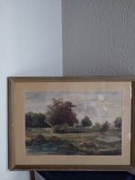 Alte Landschaftsmalerei gerahmt, Aquarell, idyllisch, 