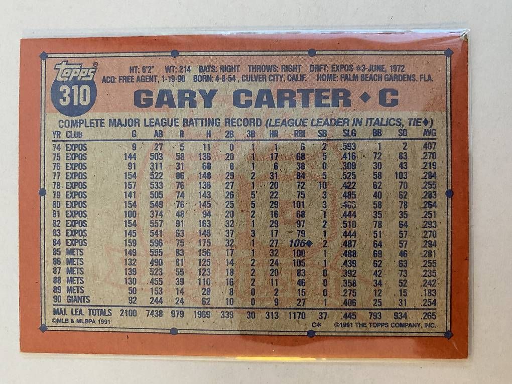Topps Carte collezionabili: 1991 TOPPS MLB BASEBALL #310 Gary Carter - CARD – Nuovo (secondo la descrizione) da Savosa venduto da Misch-M13 1