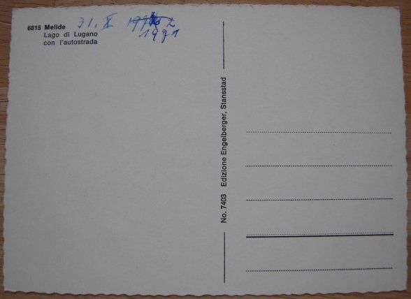 Cartoline postali: Ansichtskarte ungelaufen - Melide / Autostrasse über den See – Usato da Dübendorf venduto da rumpumpel 2