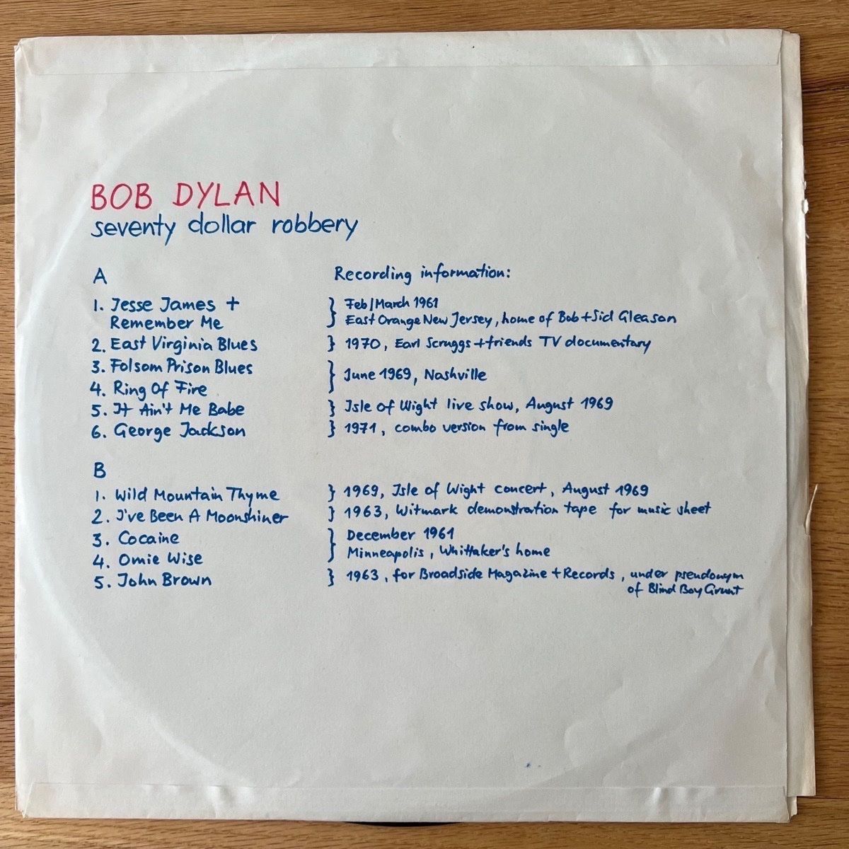 Dischi in vinile: Bob Dylan - Seventy Dollar Robbery / US-Press. 1977 – Usato da Gais venduto da soundcave57 1