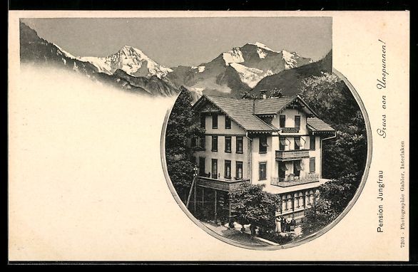 Cartoline postali: Interlaken, Pension Jungfrau und Bergpan – Usato da Berlin venduto da bartko-reher