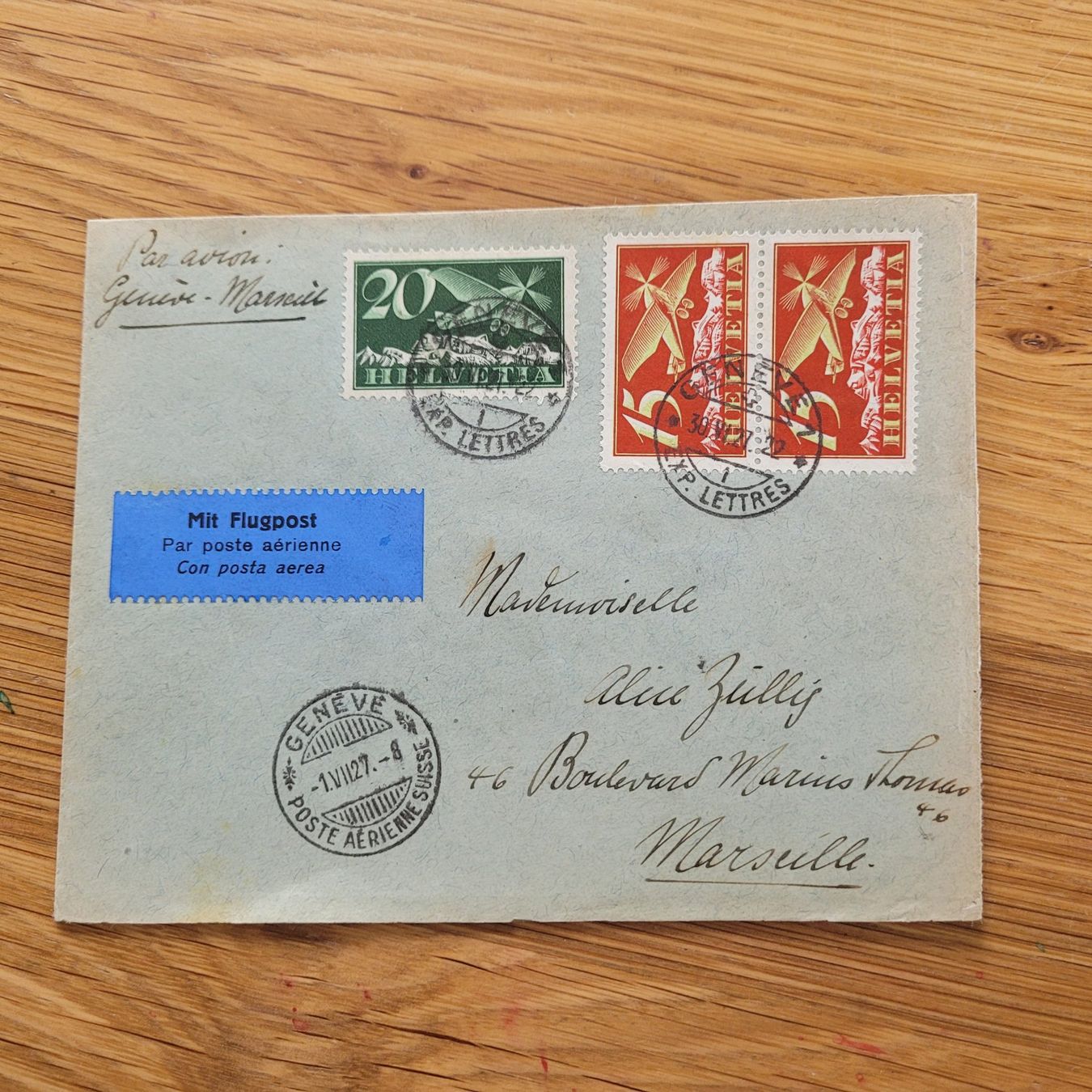 Tutti i francobolli: Luftpost 1927 Genève - Marseille – Usato da Biel/Bienne venduto da Destockweb