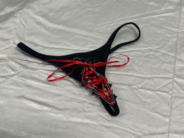 Sexy String Tanga Schwarz Schnürung Strass Gr S NEU