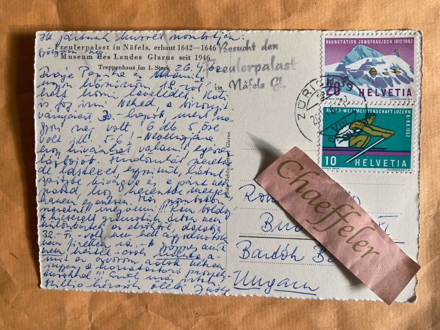Cartes postales: 1962 Freulerpalast Näfels – D'occasion à Zürich par Chaeffeler 1