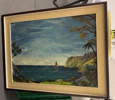 Dipinto ad olio paesaggio marittimo, cornice legno