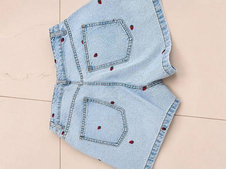  Cute Light Wash Denim Shorts with Strawberry Embroidery