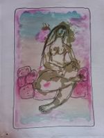 Lithografie Akt Frau Rosa ocker Farbe Signiert 36x56cm