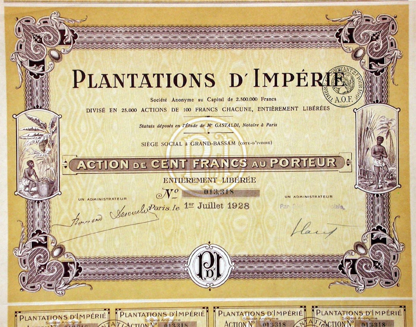 Dokumente: Plantations d'Impérie SA, Paris - 1928 – Gebraucht aus Solothurn von Sgasche