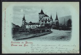 Mondschein-AK Biel, Ortspartie mit Brüc