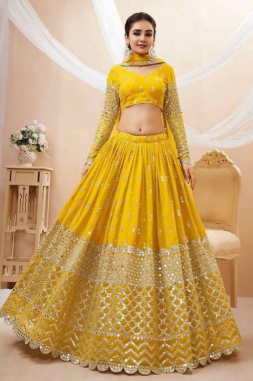 Vestiti: Yellow Georgette Embroidered Lehenga Set – Usato da Bulle venduto da pra_c9c8