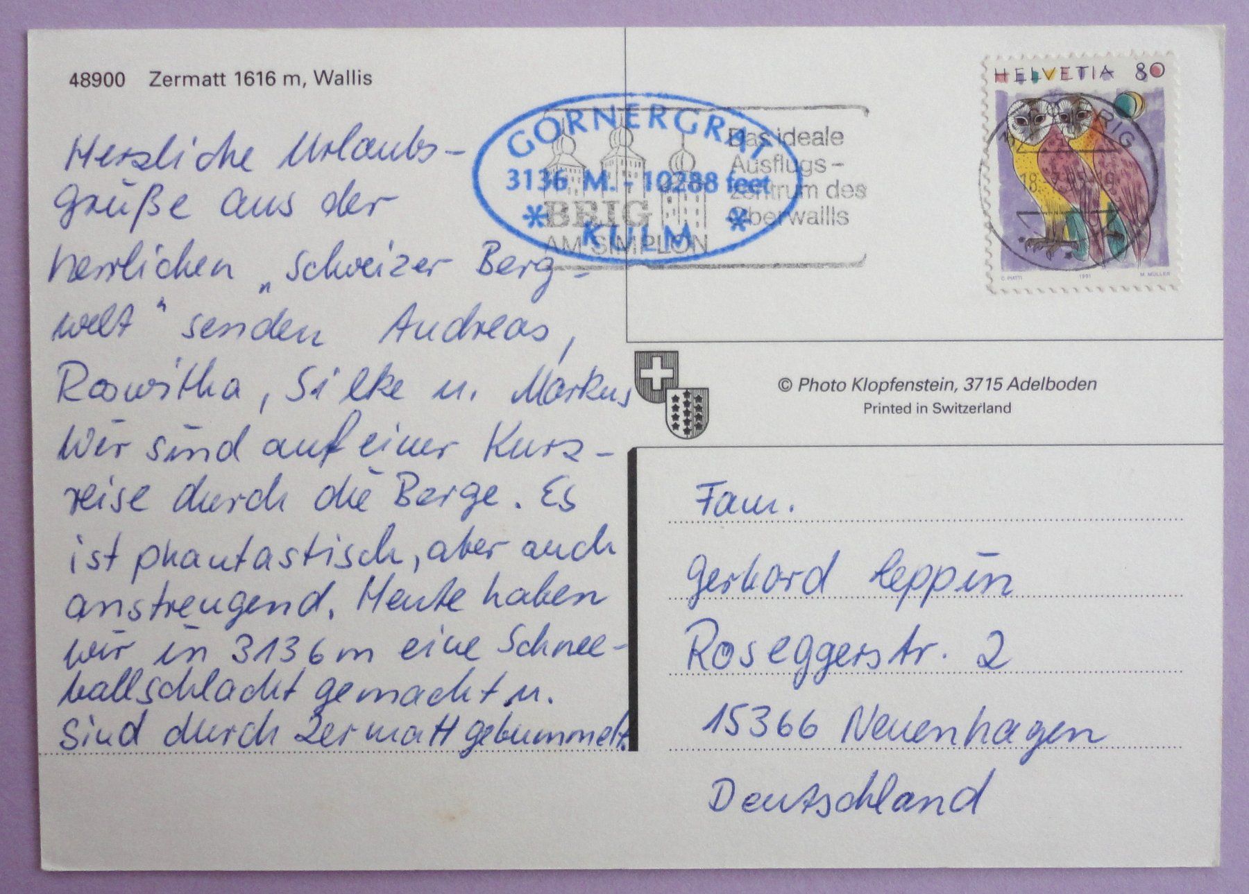 Ansichtskarten: Zermatt 1616 m, Wallis – Gebraucht aus Fétigny von Billy2miny 1