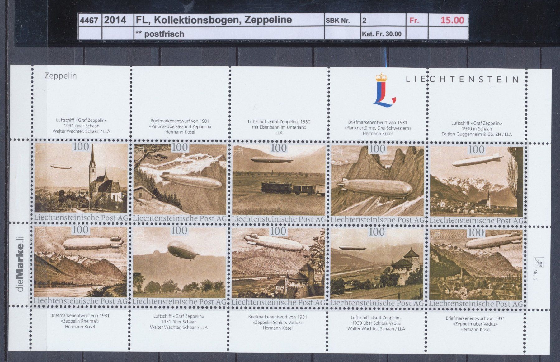 Tutti i francobolli: 2014 FL, "Kollektionsbogen, Zeppeline", ** postfrisch – Nuovo (secondo la descrizione) da Winterthur venduto da Zupogeru