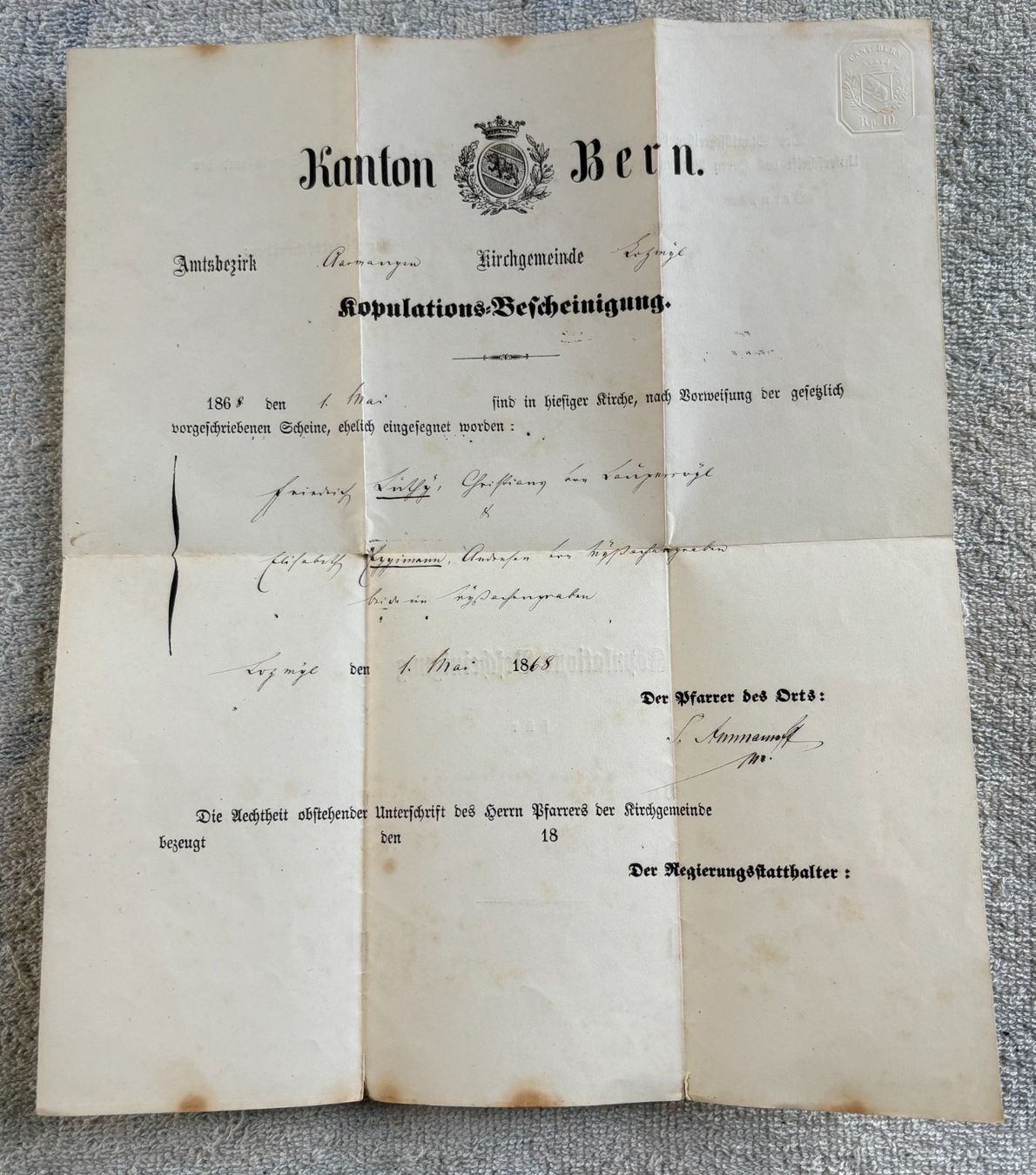 Dokumente: KOPULATIONS BESCHEINIGUNG KANTON BERN 1868 – Gebraucht aus Ostermundigen von wini63 1