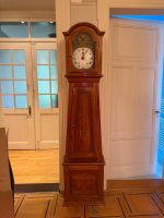 Horloge de parquet ancienne, bois marqueté, cadran émaillé