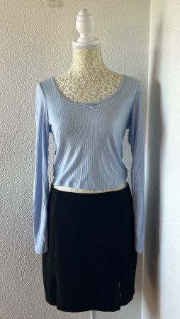 Blue long sleeve top with lace trim