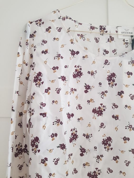 Blouse/tunique En Voile Blanc à Motif Fleurs - Taille 36 - Polyester - Occasion Très Bon état
