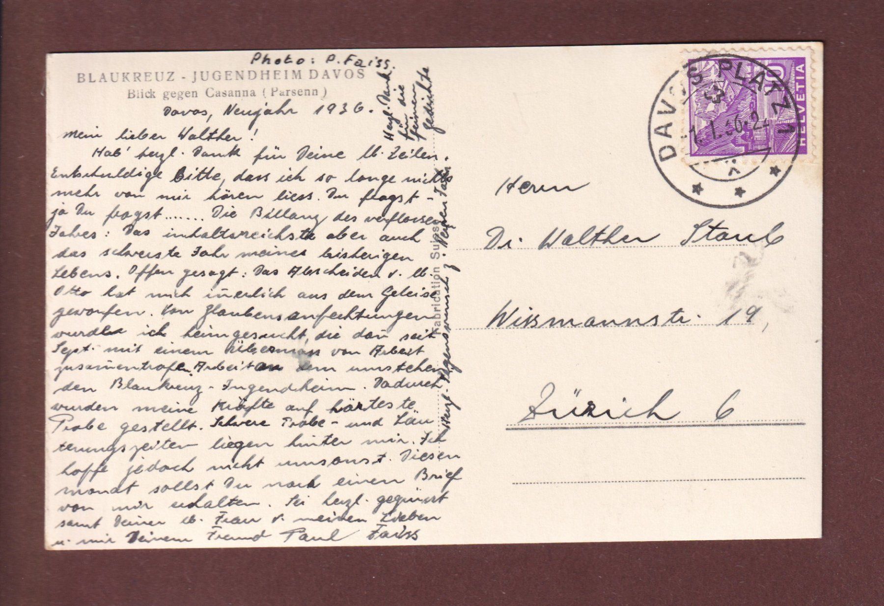 Cartoline postali: DAVOS - Blaukreuz Jugendheim - 1936 – Usato da Pully venduto da nicecards 1