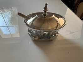 Zuckerdose mit Löffel Glas und Metall antik guter Zustand