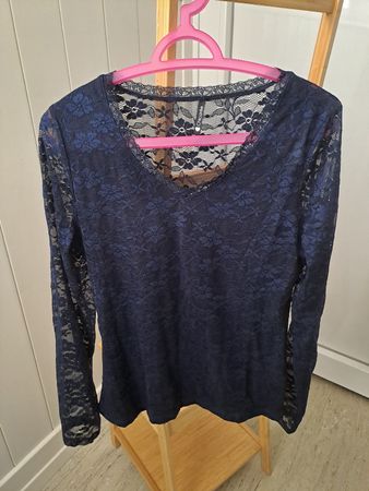 Damen Langarmshirt Gr. L dunkelblau Spitze